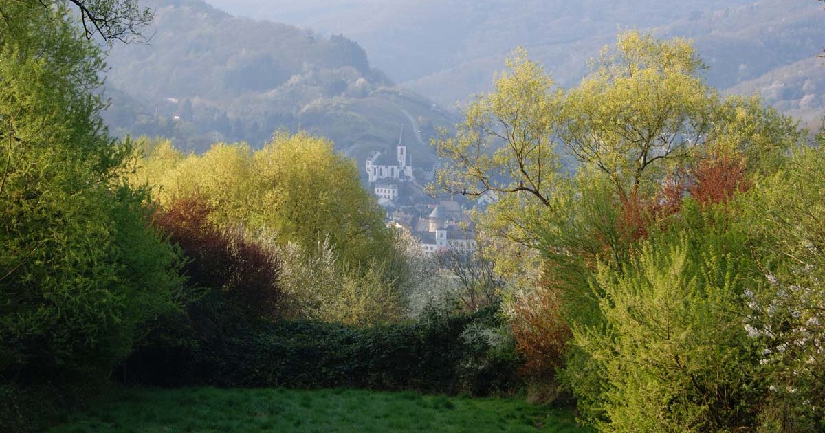 Blick auf ev. Kirche, Stadtturm und Casino in Trarbach